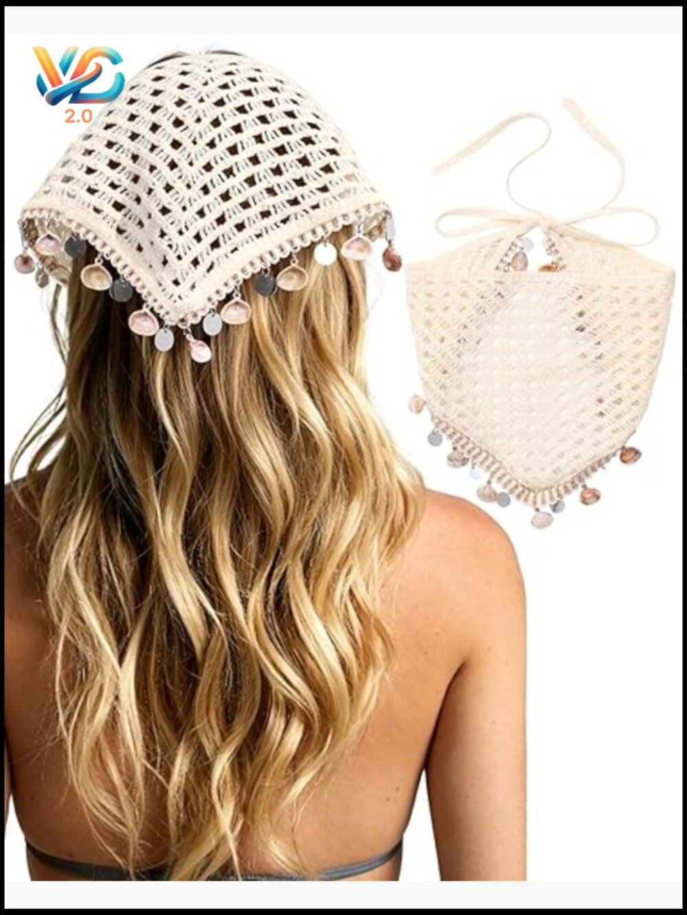 Crochet Knit Bandana Headscarf Boho Hair Scarf Tie-Back Vintage Kerchief with
